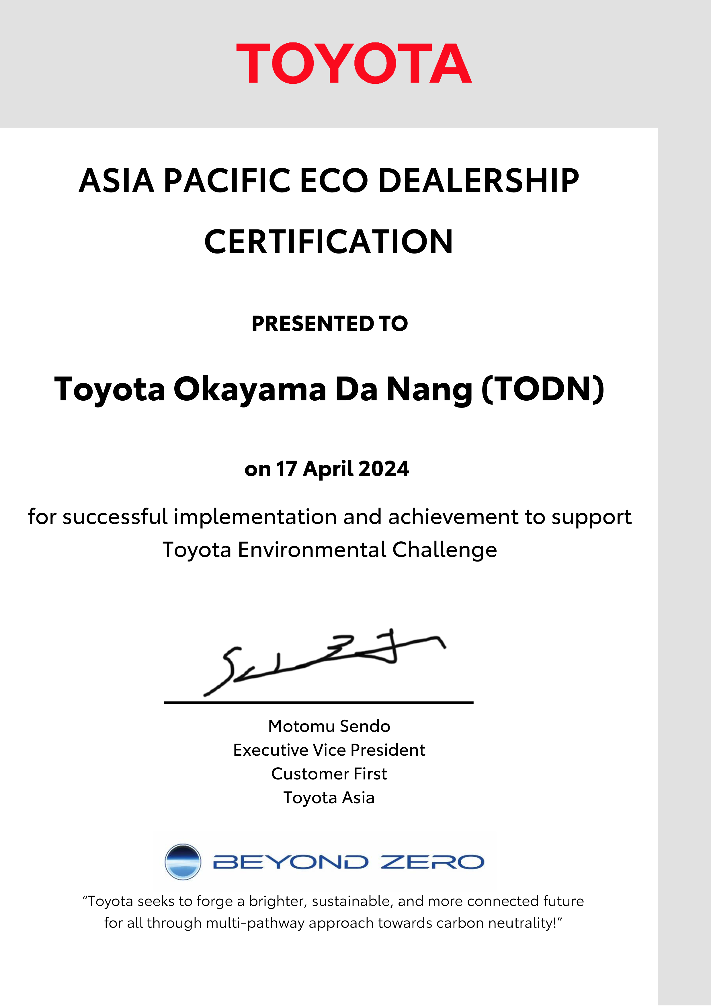 Toyota Okayama Đà Nẵng Vinh Dự Nhận Chứng Chỉ ECO Dealership 2024